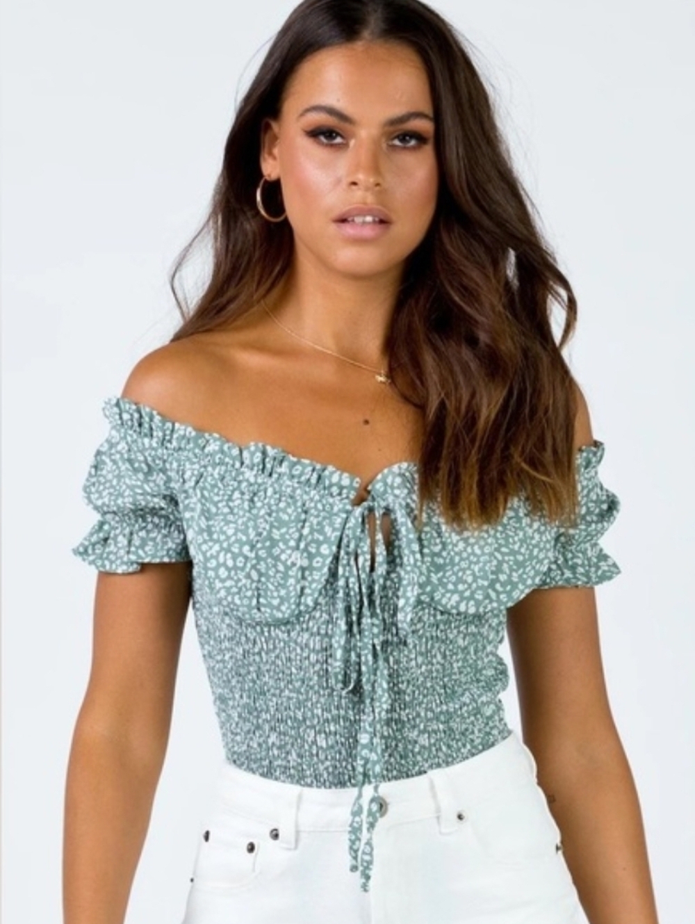 Princess Polly Sage Green Off-Shoulder Smocked Bodysuit - Picture 2 of 6